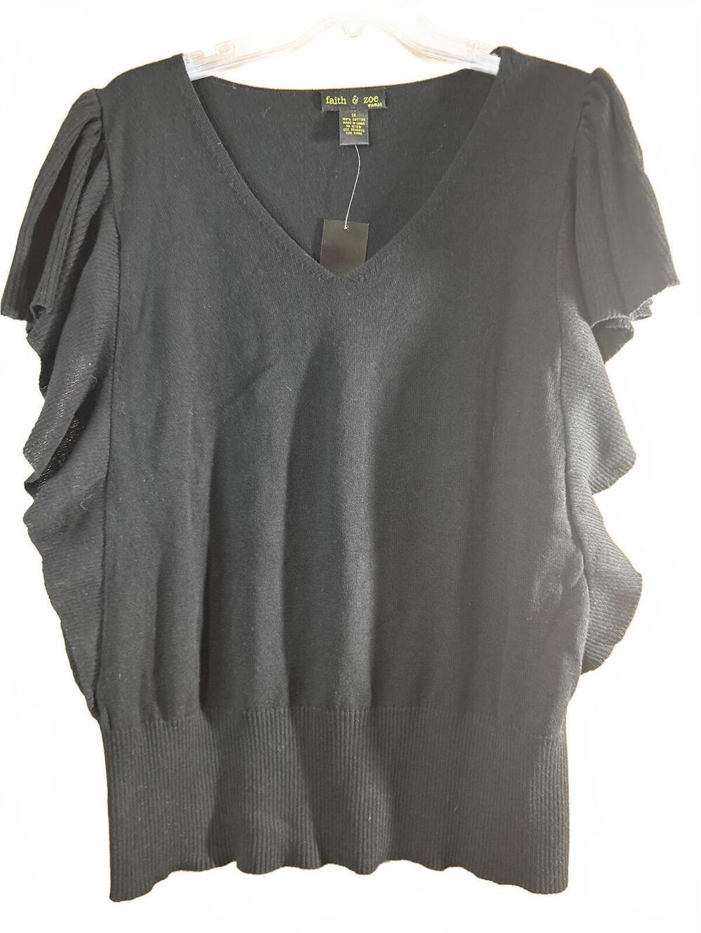 HC1152Faith & Zoe Black Ruffle Sleeve V-Neck Sweater Top
